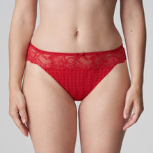 Load image into Gallery viewer, This G/String leaves the bottom uncovered and makes the leg appear longer. Sexy yet discreet, with a super lacy look. Non bulky under clothing. Fabric content: Polyamide: 73%, Elastane:19%, Cotton: 8%. Scarlet.