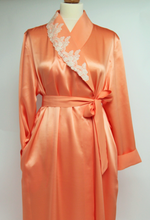 Load image into Gallery viewer, Classical, shawl collar, full length pure silk dressing gown, with a delicate lace detail on one lapel.