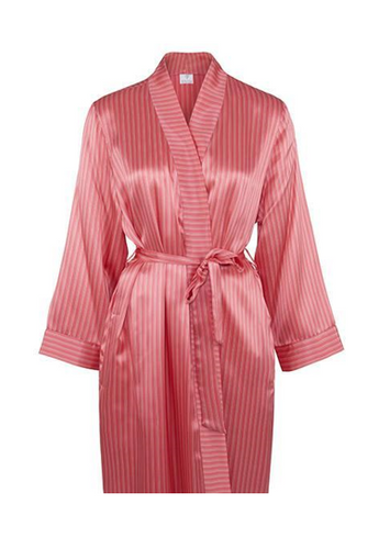 Pure silk kimono style short robe, coral/ivory pinstripe.
