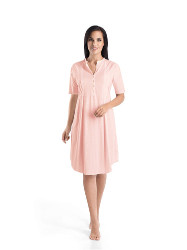 100% mercerised pima cotton, short sleeve button front nightgown. 100cm length. Crystal Pink.
