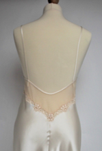 Load image into Gallery viewer, Beautiful full length pure silk satin nightgown. The bodice is composed of sheer contrasting ecru embroidered lace. Full length in a heavy silk satin, there is a slit to the side for ease when sleeping. The scooped to waist back with lace trim is stunning. The nightdress is cut on the bias for full movement. The rouleau straps give an extra finesse to this delightful nightgown.