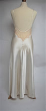 Load image into Gallery viewer, Beautiful full length pure silk satin nightgown. The bodice is composed of sheer contrasting ecru embroidered lace. Full length in a heavy silk satin, there is a slit to the side for ease when sleeping. The scooped to waist back with lace trim is stunning. The nightdress is cut on the bias for full movement. The rouleau straps give an extra finesse to this delightful nightgown.