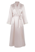 Load image into Gallery viewer, Classical, shawl collar, full length pure silk satin dressing gown, with lace detail on the lapels of contrasting crépe de chine silk. The belt and cuffs are also in this crépe de chine contrasting texture. Elegant and stylish, but also with the full warmth of pure silk. Belted at the waist with pockets to each side. This dressing gown is in a rich rose colour with matching rose lace.