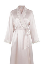 Load image into Gallery viewer, Classical, shawl collar, full length pure silk satin dressing gown, with lace detail on the lapels of contrasting crépe de chine silk. The belt and cuffs are also in this crépe de chine contrasting texture. Elegant and stylish, but also with the full warmth of pure silk. Belted at the waist with pockets to each side. This dressing gown is in a rich rose colour with matching rose lace.