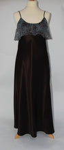 Load image into Gallery viewer, Full length pure heavy silk nightdress. Spaghetti strap and a playful chiffon bust detail at the front, with a longer wave of chiffon at the back, gives full cover at the top of this luxurious full length nightgown.