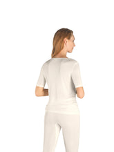 Load image into Gallery viewer, Fine knitted 100% silk short sleeve t/shirt style vest with a satin trim on the V neck.