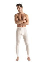 Load image into Gallery viewer, An elegant and temperature regulating blend of wool and silk, crafted without side seams for ultimate comfort and style. Perfect for sport or any outdoor or even indoor use. Longjohns have a fly front. Fabric content: 70% Merino Wool, 30% Pure Silk. Machine washable. Ivory.