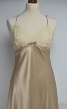 Load image into Gallery viewer, Full length pure silk satin nightgown. The bust line is composed of sheer honey lace. Full length in a heavy silk satin, there is a slit to the side for ease when sleeping. The nightdress is cut on the bias for full movement. The rouleau straps give an extra finesse to this delightful nightgown.