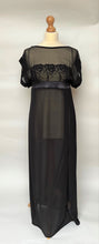 Load image into Gallery viewer, Edwardian style silk chiffon vintage nightdress. The gown is full length. It has an embroidered bodice with two delicate straps. There is an overlay of silk chiffon on the top part of the gown, with a wide silk satin elasticated band under the bust for shape and comfort. There is a side slit on the full-length skirt for ease of movement.