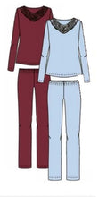 Load image into Gallery viewer, SALE Made from 100% soft mercerised knitted Supima* cotton, these lace collared pyjamas are the perfect item for lounging or sound sleep. Gentle rounded collar, long sleeves and with loose fitting trousers, elasticated at the waist.