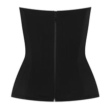 Load image into Gallery viewer, This is a beautiful corset made the French way. It has a square neckline at the front with a Twill embellishment detail around its edges. The clever hidden boning and panelling that draws in the waist and supports the bust. The matt black continues around the back. where there is a centred zip. This is a stunning garment. It is perfect for day and evening wear