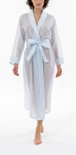 Full length (130cm), shawl collar robe. Elegant style with no fuss. Wide belt at the waist and with a size pocket. This robe complements beautifully all the Celestine nightgowns  Made in Germany from the finest mousseline, this full length, diaphanous dressing gown is a 100% pure cotton. It offers the wearer perfect cover without heaviness.