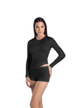 Load image into Gallery viewer, Beautiful Woollen Silk Round Neck Long Sleeve Vest. This temperature regulating natural fabric is so comfortable to wear. It has no side seams and has a stylish satin edging for subtle elegance. Hanro Woolen/Silk sizing is on the larger end of the spectrum. When ordering select the size down from normal. Fabric mix: 70% merino wool, 30% pure silk Machine washable