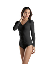 Load image into Gallery viewer, Beautiful Woollen-Silk V Neck Long Sleeve Vest. This temperature regulating natural fabric is so comfortable to wear. It has no side seams and has a stylish satin edging for subtle elegance. Hanro Woolen/Silk sizing is on the larger end of the spectrum. When ordering select the size down from normal. Fabric mix: 70% merino wool, 30% pure silk Machine washable