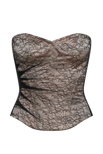 Traditional corset made the French way. It has Chantilly lace over a nude ground. 