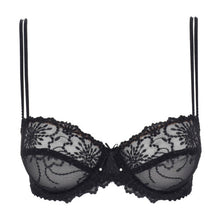 Load image into Gallery viewer, An all lace balconnet bra with a horizontal seam. Delicate double straps offer a light but structured support. Richly embroidered cups with full coverage. Classic lace bra for a classic balconnet look. Fabric content: Polyamide: 45%, Polyester: 35%, Elastane: 20%. Black.