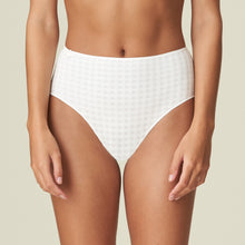 Load image into Gallery viewer, These are a full brief with a wide hip detail and are worn higher on the waist but also cover the bottom completely. They are totally opaque, but with the characteristic An Avero daisy on the waist completes the picture! Fabric Content: Polyamide: 79%, Elastane: 17%, Cotton: 4%. Ivory.