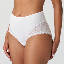 Load image into Gallery viewer, This is the classic Marie Jo full brief. The floral lace embroiderd lace runs over the hips and really brings out the elegant line. It covers part of the tummy plus full coverage at the back to create a stylish yet comfortable brief. Tulle and embroidery make an excellent duo combined with pure white, a timeless colour that never goes out of style. Fabric content: Polyamide: 70%, Polyester: 16%, Elastane: 8%, Cotton: 6%