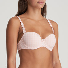 Load image into Gallery viewer, Smooth formed cup underwire balconnet bra with daisy strap detail. This underwire bra may be converted to a halter strap. This bra has the added advantage that it may be used as a halter or crossed over at the back. Fabric Content: Polyester: 53%, Polyamide: 39%, Elastane: 8%