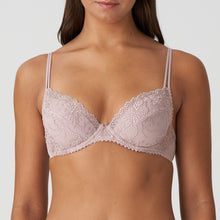 Load image into Gallery viewer, BEST SELLER!  An all-lace plunge bra with removable pads to the C cup. This gorgeously shaped bra adds cleavage to any bust size. The double delicate straps give extra support without bulk. The removable pads (in A to C) allow the wearer to adjust the uplift. This bra lifts and centres the bust to give the ultimate cleavage. D - E cups are a formed plunge but without a pad.  Fabric content: Polyamide: 54%, Polyester: 32%, Elastane: 14%. Bois de Rose.
