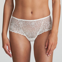 Load image into Gallery viewer, A sumptuous luxury G/String has beautifully transparent embroidery. Wide lace fits like a shorts to the front and over the bottom, but with a cute thong effect for a super sexy fit at the rear. This luxury G/String is in a fine floral lace cut higher at the back to be more revealing. Fabric content: Polyamide: 51%, Polyester: 30%, Elastane: 13%, Cotton: 6%. Ivory.