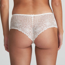 Load image into Gallery viewer, A sumptuous luxury G/String has beautifully transparent embroidery. Wide lace fits like a shorts to the front and over the bottom, but with a cute thong effect for a super sexy fit at the rear. This luxury G/String is in a fine floral lace cut higher at the back to be more revealing. Fabric content: Polyamide: 51%, Polyester: 30%, Elastane: 13%, Cotton: 6%. Ivory.