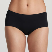 Load image into Gallery viewer, Super smooth, super light Shorts without visible seams or stitching. The soft microfibre fits snugly over the bum and offers light control. A fine glossy border on the waistband adds a luxurious touch. No label on the inside and with a soft cotton gusset. These shorts are worn on the hip but offer full coverage on the bottom. Fabric Content: Polyamide: 81%, Elastane:15%, Cotton: 4%. BLACK.