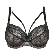 Load image into Gallery viewer, Black. This Tulip Shape underwire bra is feminine, comfortable, and super-luxurious. The tonal colour creates an edgy tattoo effect. The removable extra straps accentuate your feminine cleavage. Looks wonderful under a V-neck top or dress. The embroidered lace is both soft and supple. A perfect is 3 panelled and fully supportive Balconnet bra, suitable for any occasion. Fabric: Polyamide: 61%, Polyester: 24%, Elastane:15%