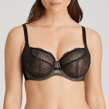 Load image into Gallery viewer, Black. This Tulip Shape underwire bra is feminine, comfortable, and super-luxurious. The tonal colour creates an edgy tattoo effect. The removable extra straps accentuate your feminine cleavage. Looks wonderful under a V-neck top or dress. The embroidered lace is both soft and supple. A perfect is 3 panelled and fully supportive Balconnet bra, suitable for any occasion. Fabric: Polyamide: 61%, Polyester: 24%, Elastane:15%
