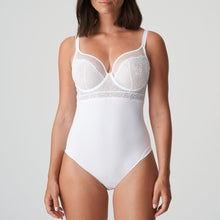 Load image into Gallery viewer, Pure White. This body is simply irresistible. It is elegant with the look of a bustier style long line bra. The plunge mesh gives the illusion of lightness but offers full support. The flowered embroidery lace has an edgy tattoo effect. Fabric: Polyamide: 56%, Elastane: 33%, Polyester: 9%, Cotton: 2%