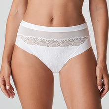 Load image into Gallery viewer, Pure White. Looking for comfortable and oh so elegant briefs? These high waisted full briefs have it all. The wide cut on the hip means no budging. The exquisite embroidery completes the light, luxurious look. Laser cut at the back for an invisible look under skirts, trousers and dresses. Fabric: Polyamide: 63%, Elastane: 21%, Cotton: 9%, Polyester: 7%