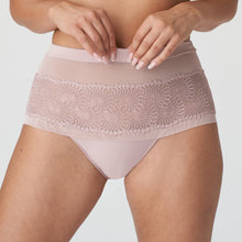 Load image into Gallery viewer, Bois de Rose. Luxurious lace and mesh Hotpants. They have feminine, retro look which features lace embroidery on a nude tulle ground. Wide at the hip for a non-bulge silhouette. The laser cutting across the bottom completes the look. Fabric: Polyamide: 54%, Elastane: 22%, Polyester: 19%, Cotton: 5%
