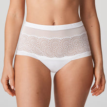 Load image into Gallery viewer, Pure White. Luxurious lace and mesh Hotpants. They have feminine, retro look which features lace embroidery on a nude tulle ground. Wide at the hip for a non-bulge silhouette. The laser cutting across the bottom completes the look. Fabric: Polyamide: 54%, Elastane: 22%, Polyester: 19%, Cotton: 5%