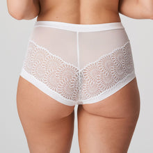 Load image into Gallery viewer, Pure White. Luxurious lace and mesh Hotpants. They have feminine, retro look which features lace embroidery on a nude tulle ground. Wide at the hip for a non-bulge silhouette. The laser cutting across the bottom completes the look. Fabric: Polyamide: 54%, Elastane: 22%, Polyester: 19%, Cotton: 5%