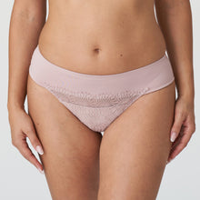 Load image into Gallery viewer, Bois de Rose. Wide banded soft and comfortable tanga style G/String. Tonal embroidered lace on a tulle background. Laser cut back for smoothness under skirts, trousers and dresses. Fabric: Polyamide: 63%, Elastane: 24%, Cotton: 7%, Polyester: 6%