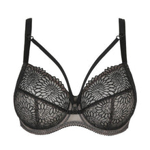 Load image into Gallery viewer, Black. This underwire bra is feminine, comfortable, and super-luxurious. The tonal colour creates an edgy tattoo effect. The removable extra straps accentuate your feminine cleavage. Looks wonderful under a V-neck top or dress. The embroidered lace is both soft and supple. The bra is 3 panelled and fully supportive. Fabric: Polyamide: 60%, Polyester: 25%, Elastane:15%