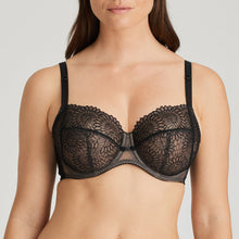 Load image into Gallery viewer, Black. This underwire bra is feminine, comfortable, and super-luxurious. The tonal colour creates an edgy tattoo effect. The removable extra straps accentuate your feminine cleavage. Looks wonderful under a V-neck top or dress. The embroidered lace is both soft and supple. The bra is 3 panelled and fully supportive. Fabric: Polyamide: 60%, Polyester: 25%, Elastane:15%