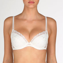 Load image into Gallery viewer, BEST SELLER! An all-lace plunge bra with removable pads. This gorgeously shaped bra adds cleavage to any bust size. The double delicate straps give extra support without bulk. The removable pads allow the wearer to adjust the uplift. This bra lifts and centres the bust to give the ultimate cleavage. Fabric content: Polyamide: 54%, Polyester: 32%, Elastane: 14%. Ivory.