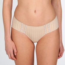 Load image into Gallery viewer, Hipster Shorts-style bottoms. They are completely opaque, and have two rows of signature Avero daisies to the front. A sexy, flirtatious style that covers bottom in a special way – pure seduction. Fabric Content: Polyamide: 79%, Elastane: 17%, Cotton: 4%. Caffé Latte.