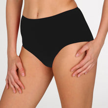 Load image into Gallery viewer, Perfect fit and comfort thanks to these high briefs without visible seams or stitching. The soft microfibre fits snugly over the bum and offers light control on the tummy. A fine glossy border on the waist adds a luxurious touch. No label on the inside and with a soft cotton gusset. These briefs are worn high on the tummy and rest on the hip to elongate the legline. Fabric Content: Polyamide: 79%, Elastane:15%, Polyester: 4%, Cotton: 2%. BLACK.