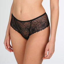 Load image into Gallery viewer, A sumptuous luxury G/String has beautifully transparent embroidery. Wide lace fits like a shorts to the front and over the bottom, but with a cute thong effect for a super sexy fit at the rear. This luxury G/String is in a fine floral lace cut higher at the back to be more revealing.   Fabric content: Polyamide: 51%, Polyester: 30%, Elastane: 13%, Cotton: 6%.  Black. 
