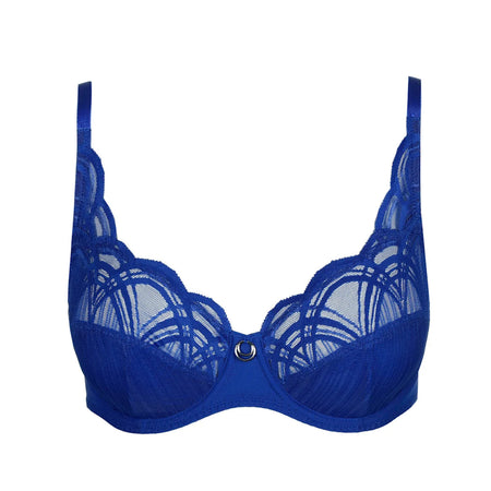 Blue lace bra on a white background