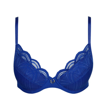 Blue bra with lace details on a white background