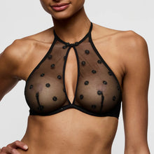 Load image into Gallery viewer, Black sheer bikini top with floral embellishments on a neutral background
