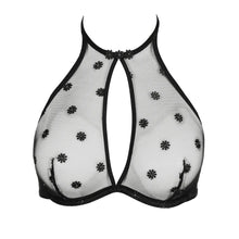 Load image into Gallery viewer, Sheer black bra with floral embroidery on a white background
