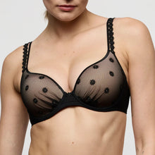 Load image into Gallery viewer, Black lace bra worn by a model on a plain background
