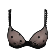 Load image into Gallery viewer, Black bra with floral embroidery on a white background
