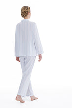 Load image into Gallery viewer, Blue stripe on a white ground, in 100% cashmere soft cotton flannel. Buttoned at the front with a revere collar. Full length trouser with a soft elasticated waist. Perfect for sleeping or lounging.  Celestine nightwear, dressing gowns, short robes and pyjamas drop from the shoulder, therefore one size fits all.  Fabric composition: 100% Cotton Flannel. Made in Germany. Machine Washable.
