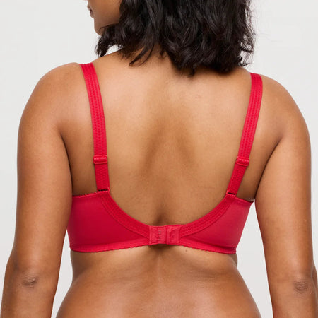 Red bra worn by a person on a plain background