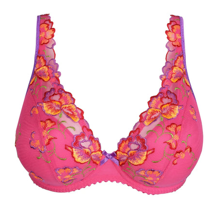 Pink bra with floral embroidery on a white background